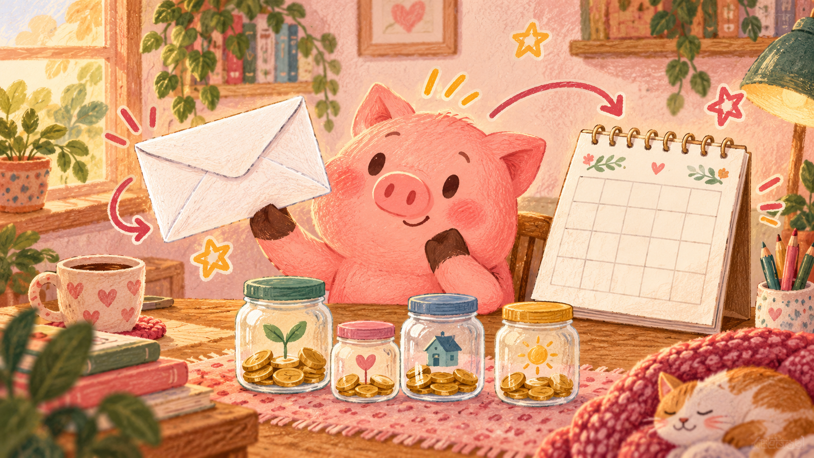 Pink Piggy holds a blank envelope beside a blank calendar and small savings jars on a cozy desk.
