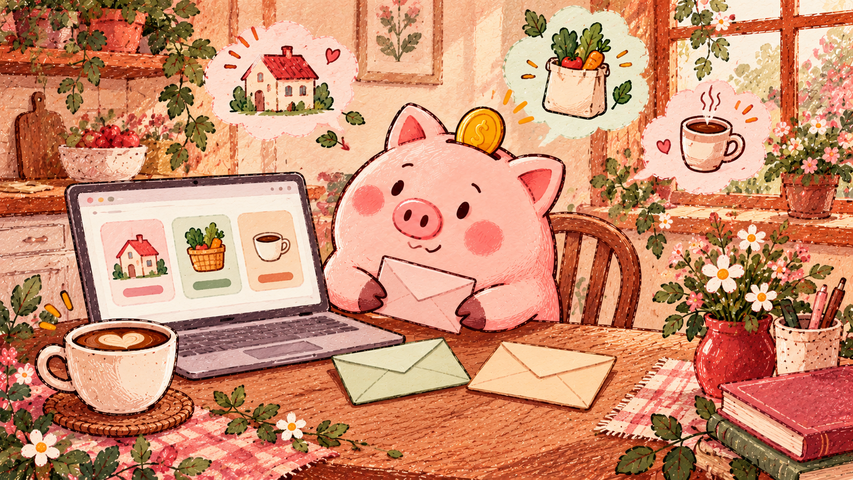 Pink Piggy arranges budget envelopes beside a laptop, with home, grocery and coffee doodles around a cozy kitchen table.