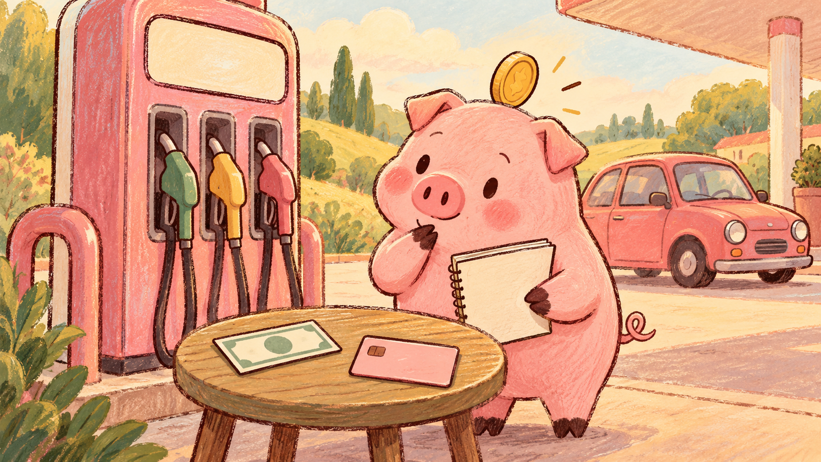 Thoughtful pink Piggy compares a blank payment card and paper note beside an unbranded pink fuel pump and small coral car.