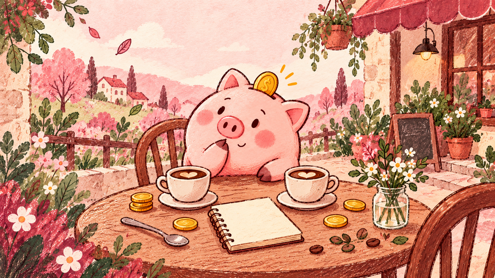 Piggy compares two same-size coffee cups beside a blank planning notebook.