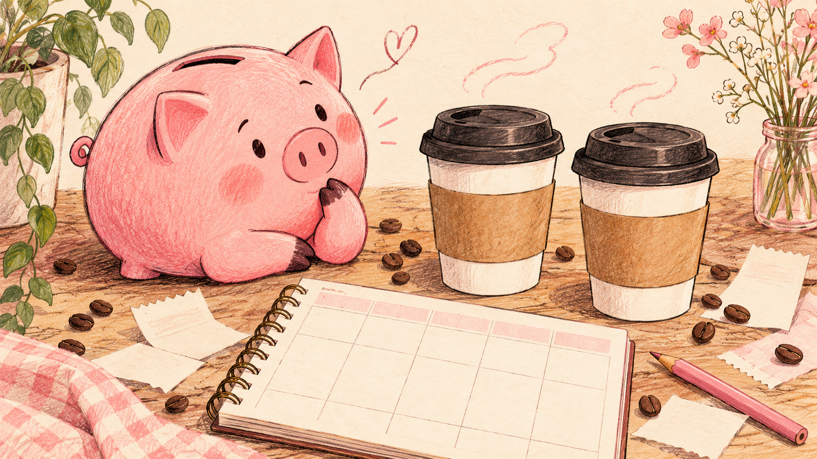 Thoughtful pink Piggy looks at two unbranded coffee cups beside a blank weekly planner, pencil and receipt slips.