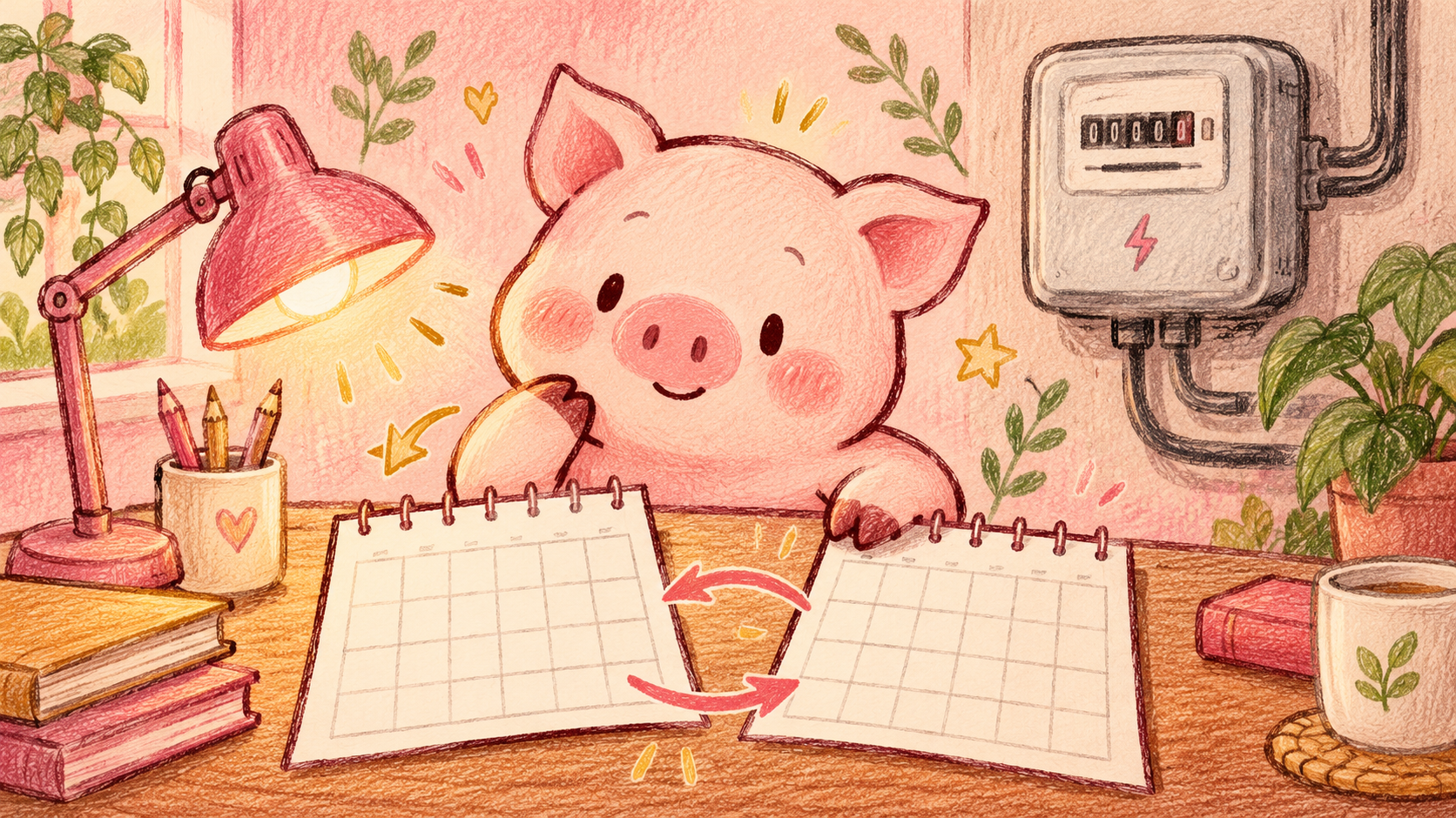 Pink Piggy compares two blank calendar pages beside a glowing desk lamp and an illustrative electricity meter.