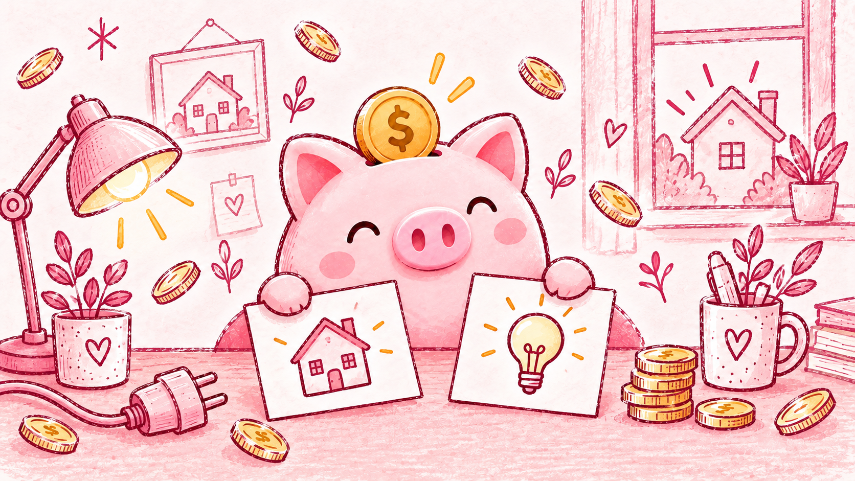 Piggy holds separate house and lightbulb cards at a cozy desk, illustrating fixed service charges and electricity usage costs.