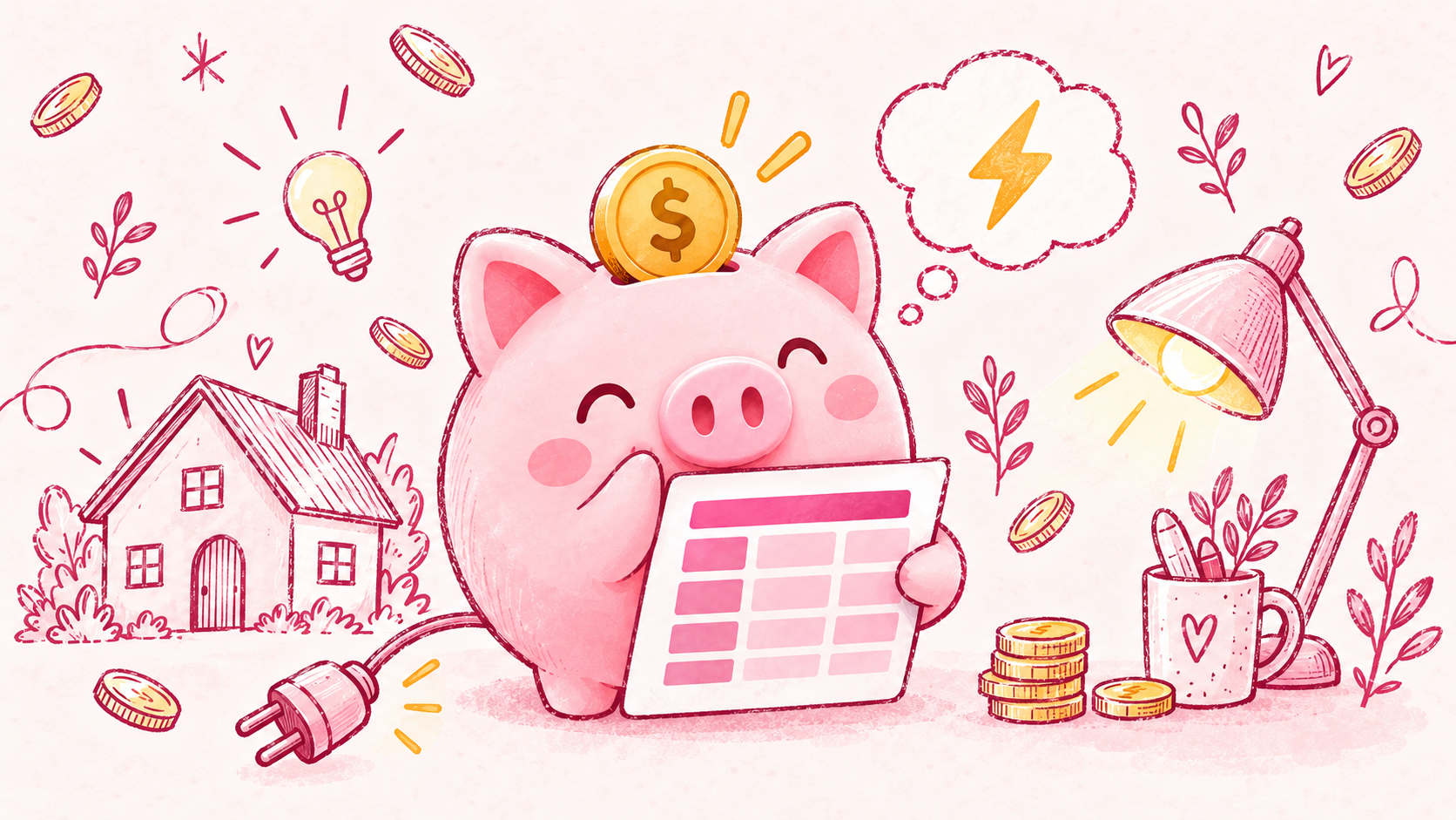 Pink Piggy holding a blank budget sheet beside a house, lamp and electricity doodles.