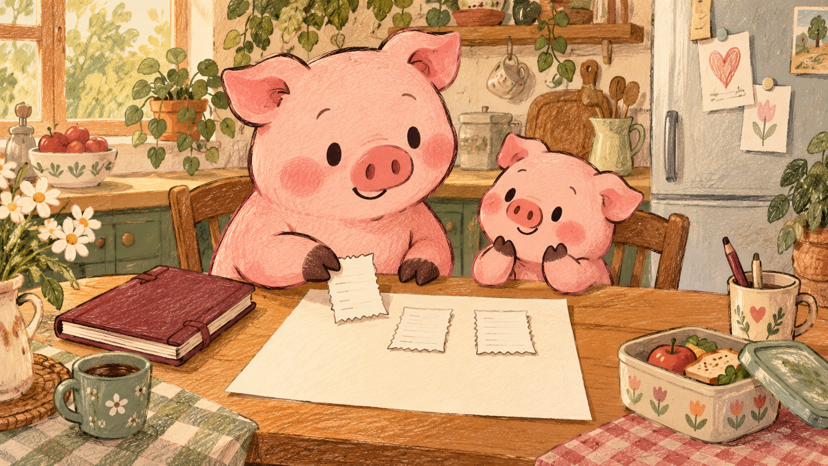 Pink Piggy and a smaller pig choose blank receipt slips for a family report while a personal notebook stays closed.