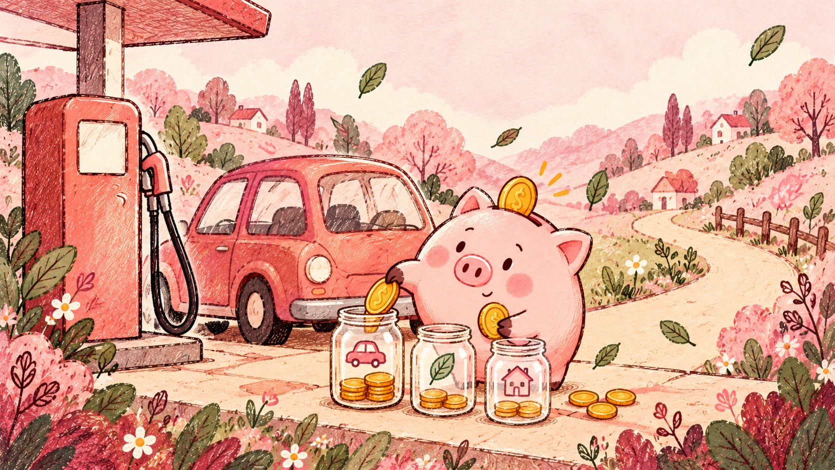 Piggy sorts coins into planning jars beside a car and fuel pump.