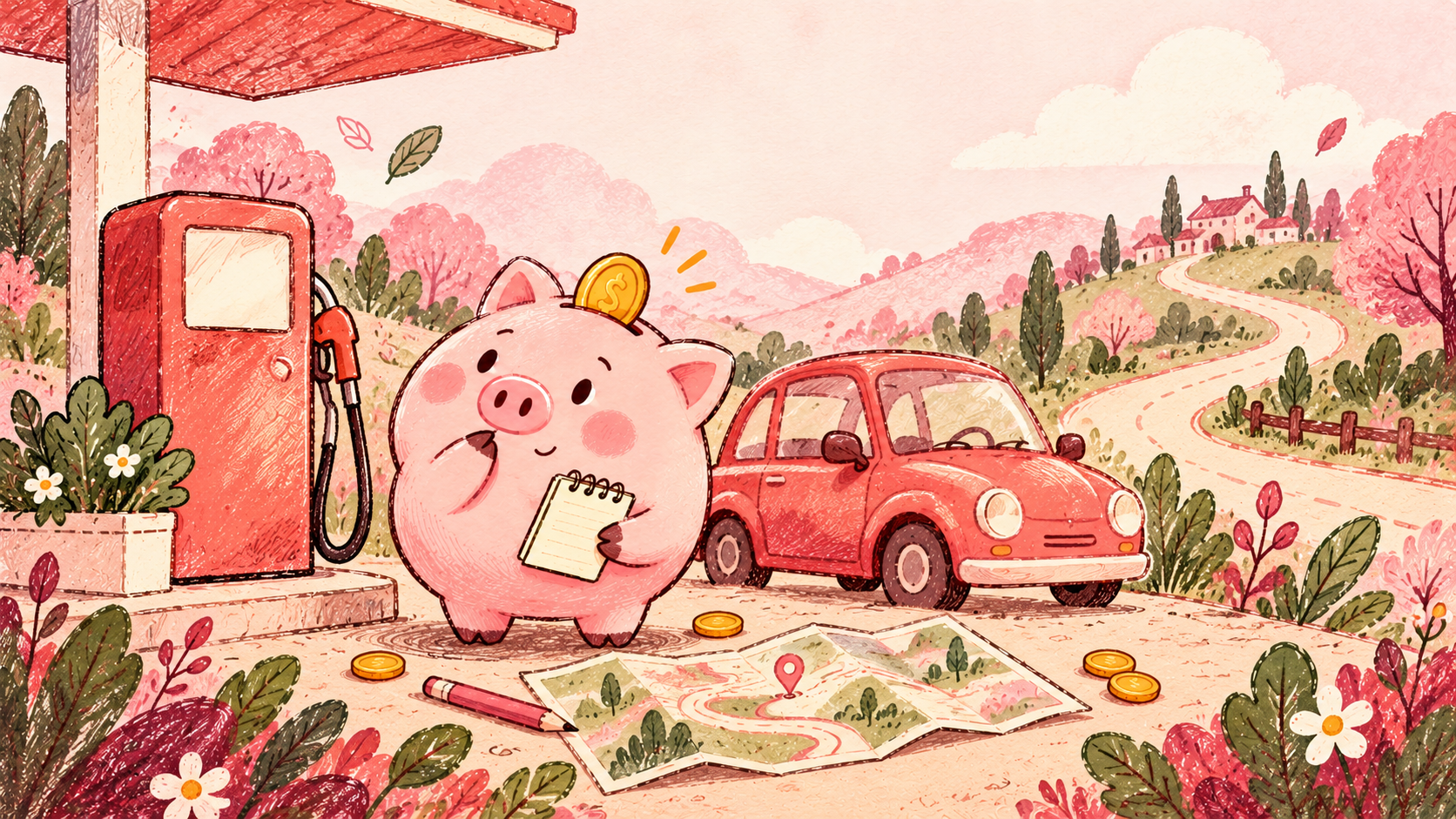 Piggy considers a fuel budget beside a coral pump, car and winding road.