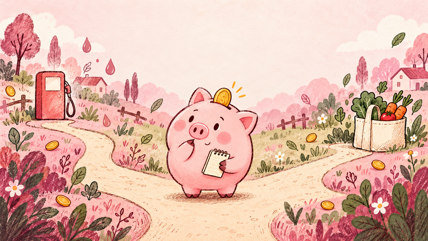 Piggy considers two separate winding paths, one toward a fuel pump and one toward a grocery tote.
