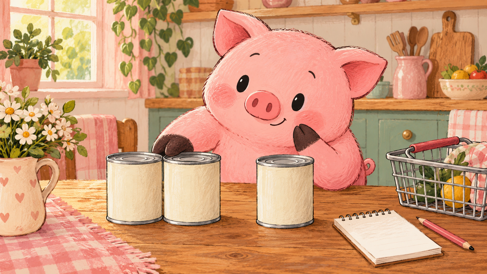 Pink Piggy considers two matching unbranded pantry tins beside a separate tin, shopping basket and blank list.