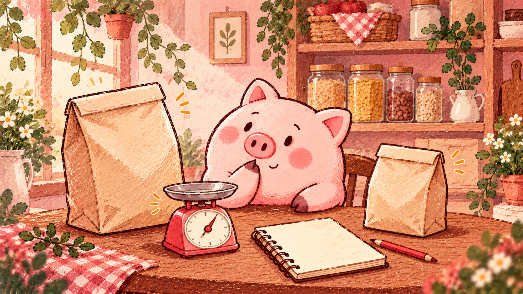 Thoughtful pink Piggy compares two unbranded pantry bags of different sizes beside a kitchen scale and blank notebook.