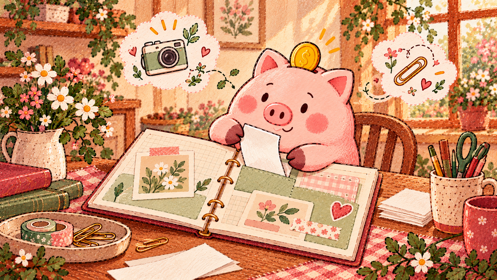 Pink Piggy tucks a blank paper slip into an open grid-page scrapbook, with camera and paperclip doodles nearby.