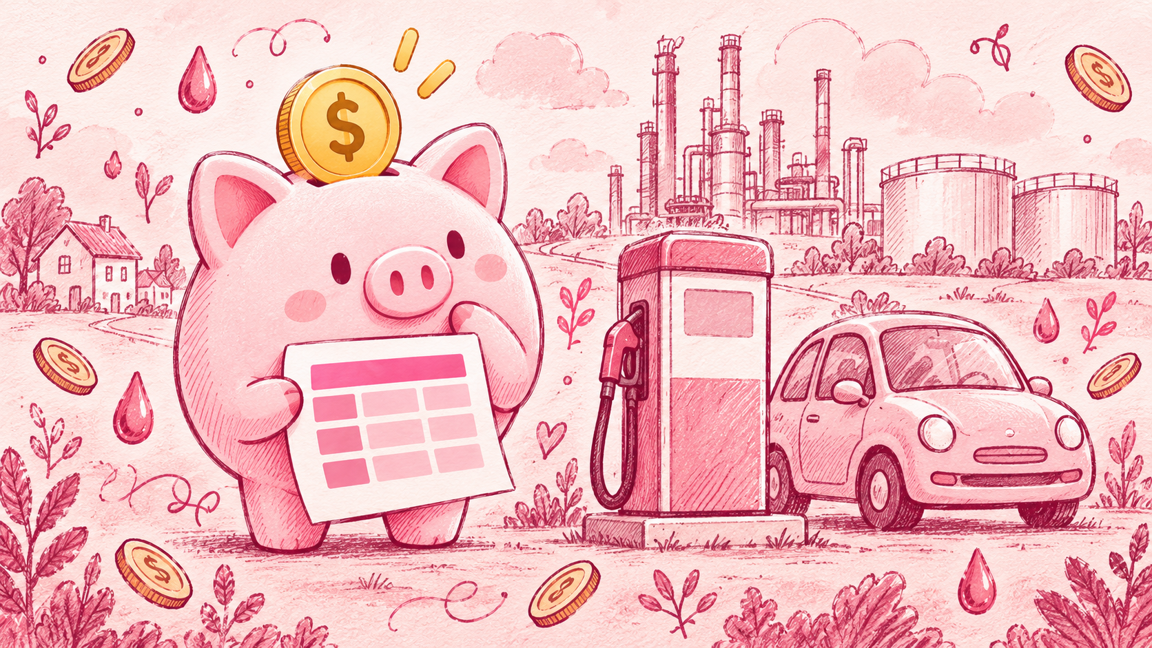 Piggy with a notebook beside a fuel pump, with refinery and storage doodles.