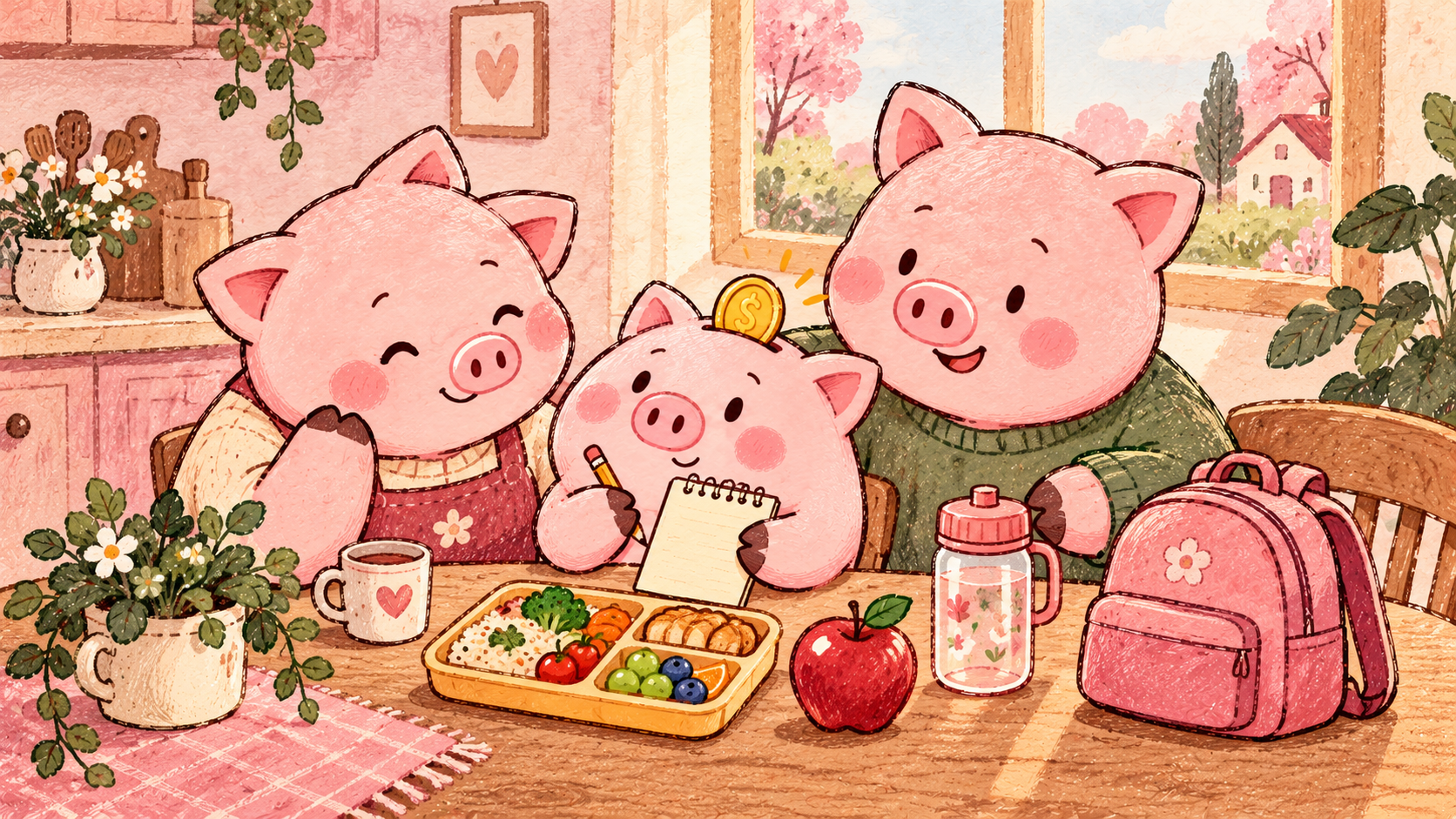 Piggy and family plan school meals beside a lunch tray and backpack.